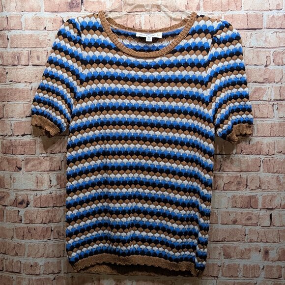 Fate + Fortune Striped Blue and Brown Short Sleeve Sweater Size med - Picture 1 of 10
